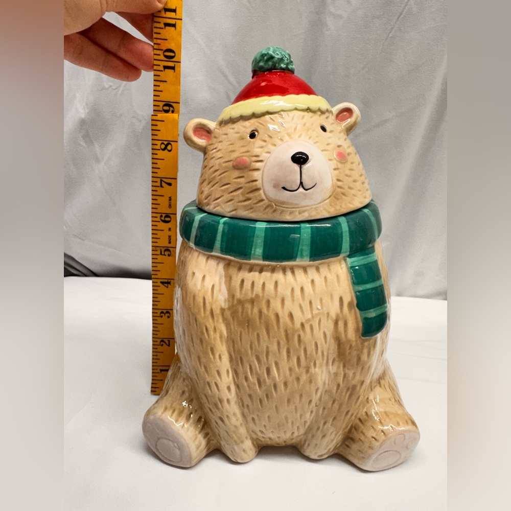 Festive Bear Ceramic Treat Jar with Green Scarf and Red Hat - Picture 6 of 6